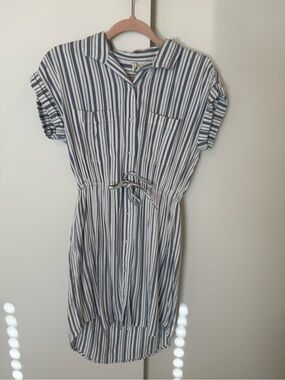 Blue and White Striped Button-Front Shirt Dress